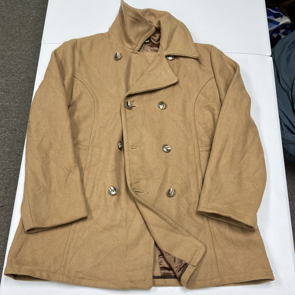Montgomery Ward Pea Coat Womens XL Tan Good Double Breasted Mid Length Outerwear